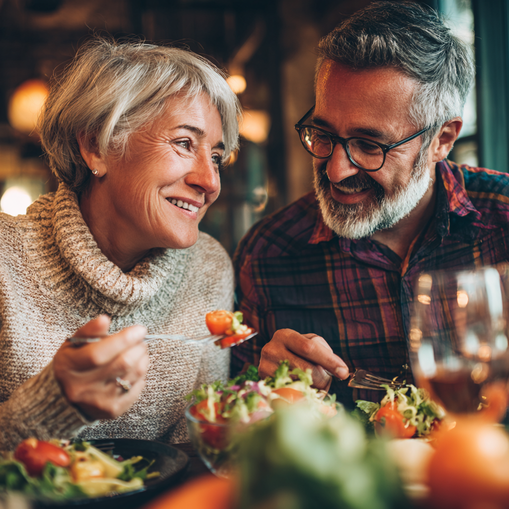 mature adults enjoying healthy meal together