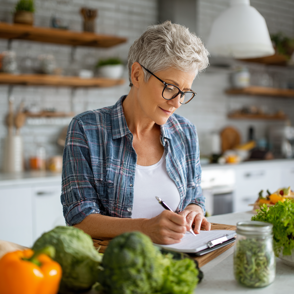 middle-aged woman planning healthy meals in bright kitchen